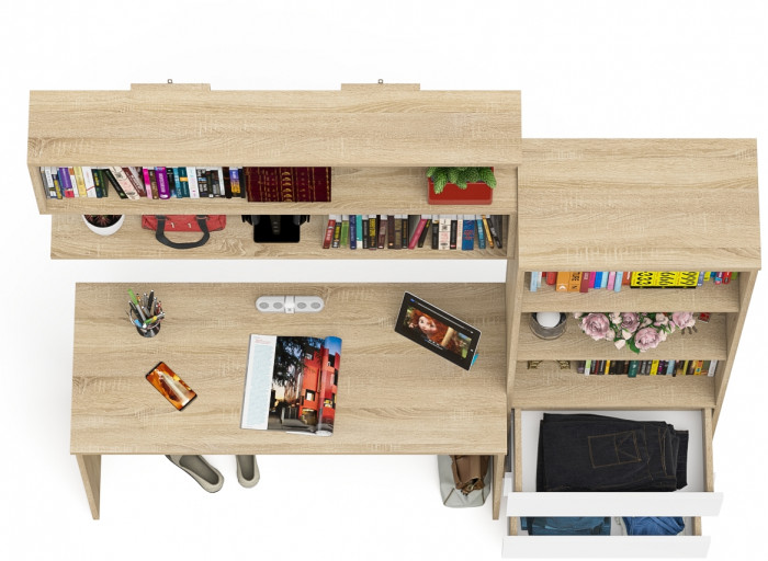 Мори Стол письменный МСП1200.1 + Стеллаж МСТ600.3 + Полка 1200, цвет дуб сонома/белый, ШхГхВ 180,8х50х209,6 см., универсальная сборка