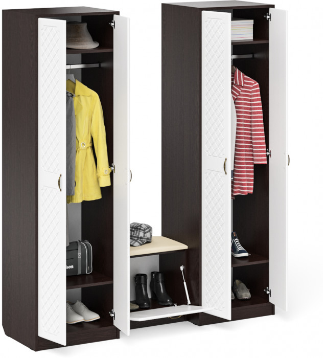 Прихожая П-6 Компоновка № 07, цвет венге/фасады МДФ белое дерево фрезеровка ромб, ШхГхВ 180х50х210 см., универсальная сборка