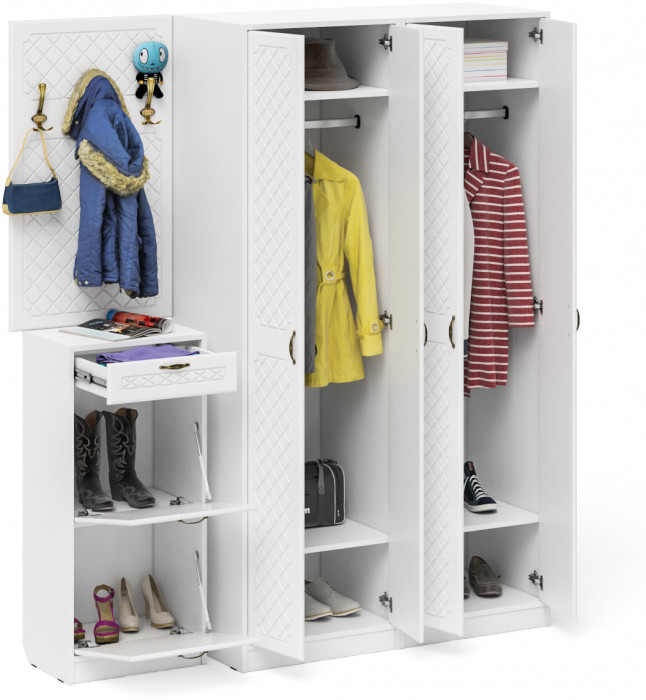 Прихожая П-6 Компоновка № 15, цвет белая шагрень/фасады МДФ белое дерево фрезеровка ромб, ШхГхВ 180х50х210 см., универсальная сборка