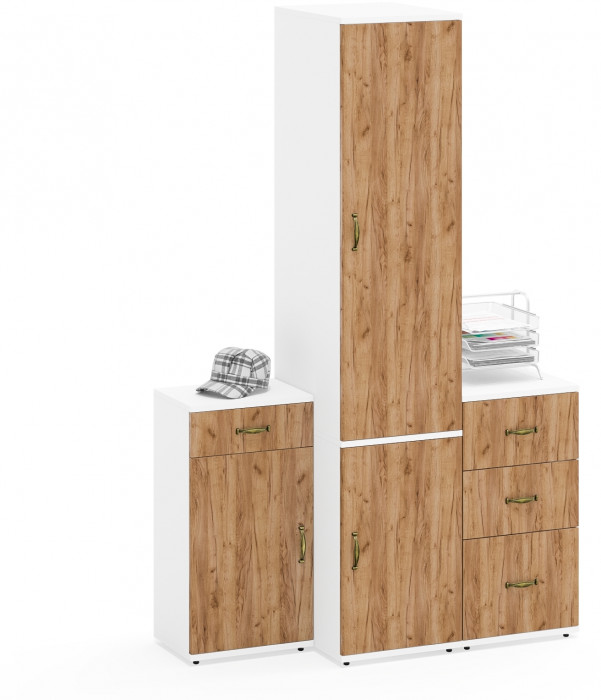 Лидер-8 Пенал МД 23Б + Тумба МД 3.15 + Тумба МД 3.16, белый шагрень/крафт золото