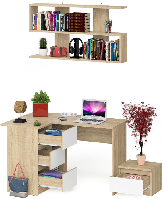 Мори компьютерный стол МС-16 левый + Тумба ТМП400.1 + Полка 1200, дуб сонома/белый