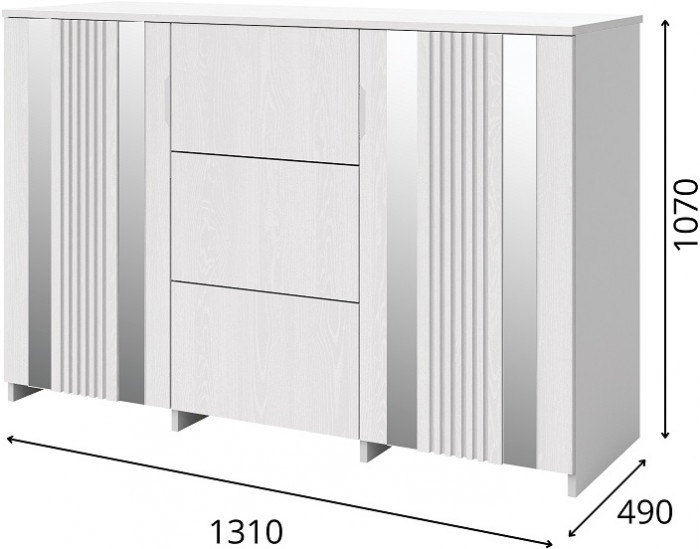 Комод "Харди" с зеркальными вставками - Белый текстурный/Ясень белый