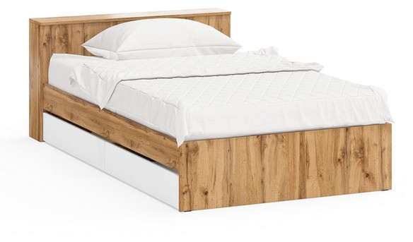 Ксения Кровать с ящиками 1200, цвет дуб вотан/белый, ШхГхВ 126,4х221,6х72 см., сп.м. 1200х2000 мм., без матраса, основание есть, ун. сб.