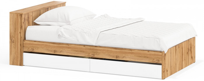 Ксения Кровать с ящиками 1200, цвет дуб вотан/белый, ШхГхВ 126,4х221,6х72 см., сп.м. 1200х2000 мм., без матраса, основание есть, ун. сб.