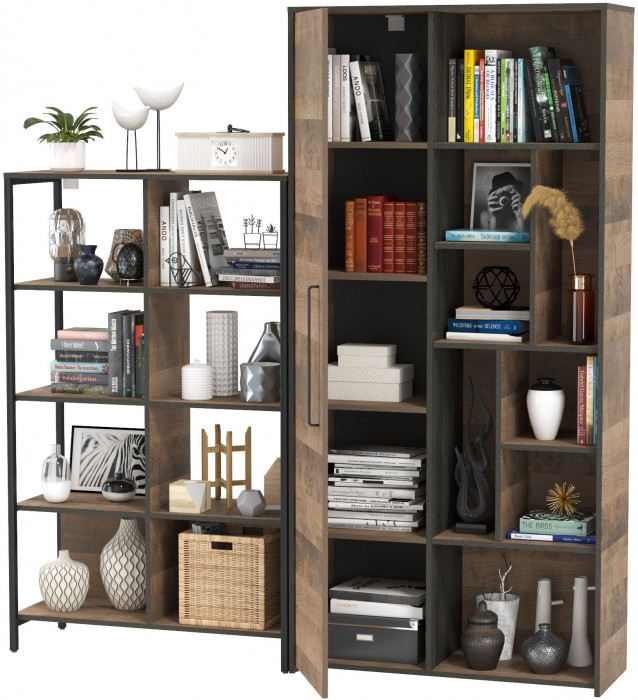 Трувор 13.151.02 Стеллаж + 13.206 Шкаф-стеллаж, цвет дуб гранж песочный/интра, ШхГхВ 183х37х194,2 см., универсальная сборка