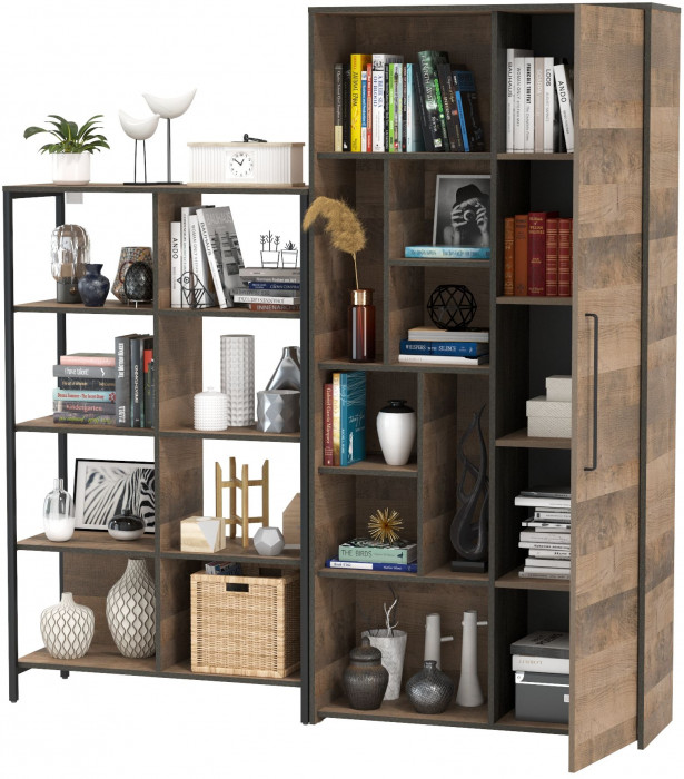 Трувор 13.151.02 Стеллаж + 13.206 Шкаф-стеллаж, цвет дуб гранж песочный/интра, ШхГхВ 183х37х194,2 см., универсальная сборка