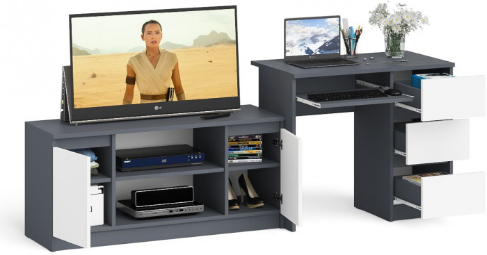 Мори компьютерный стол МС-6 правый + Тумба МТВ1200.1, графит/белый