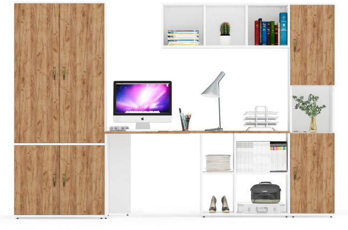 Лидер-8 Шкаф МД 19Б + Стол + Полка + Пенал, цвет белый шагрень/крафт золото, ШхГхВ 285х50/30х75/190 или 195х120х75/190 см., НЕ ун.сб.