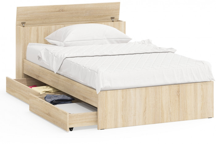 Ксения Кровать с ящиками 1200, цвет дуб сонома, ШхГхВ 126,4х221,6х72 см., сп.м. 1200х2000 мм., без матраса, основание есть, универсальная сборка