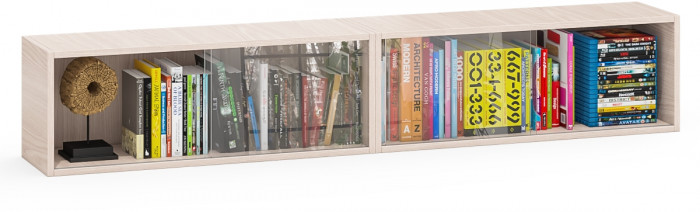 Две полки книжных С-МД-КН01, цвет ясень шимо светлый, размер каждой полки в отдельности: ШхГхВ 83х25х30 см., стеклянные дверцы