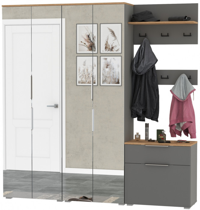 Октава Прихожая 27, цвет серый графит/дуб крафт золотой/фасады МДФ серый графит, ШхГхВ 193,7х35,4х197,6 см., универсальная сборка