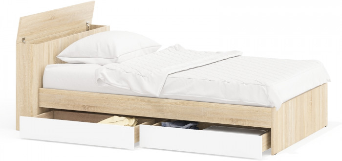 Ксения Кровать с ящиками 1200, цвет дуб сонома/белый, ШхГхВ 126,4х221,6х72 см., сп.м. 1200х2000 мм., без матраса, основание есть, ун. сб.