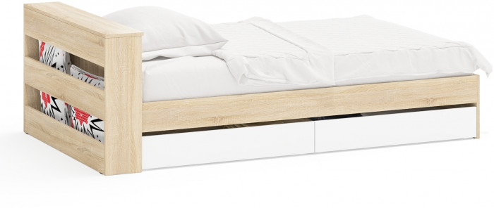 Ксения Кровать с ящиками 1200, цвет дуб сонома/белый, ШхГхВ 126,4х221,6х72 см., сп.м. 1200х2000 мм., без матраса, основание есть, ун. сб.