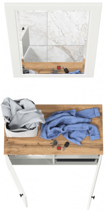 Остин 13.257 Тумба + 17.03 Зеркало, цвет белый шагрень/дуб крафт золотой, ШхГхВ 80х41,9х210 см.