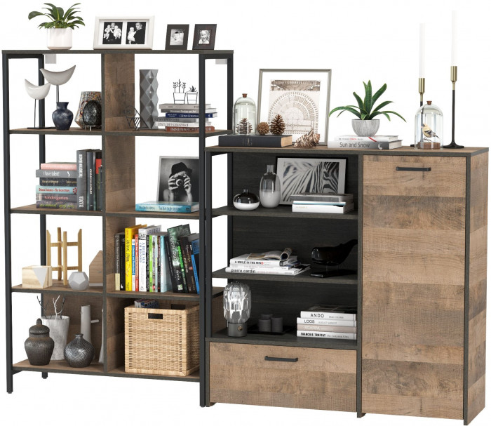 Трувор 13.151.02 Стеллаж + 13.307.01 Комод, цвет дуб гранж песочный/интра, ШхГхВ 199х37х146 см., универсальная сборка