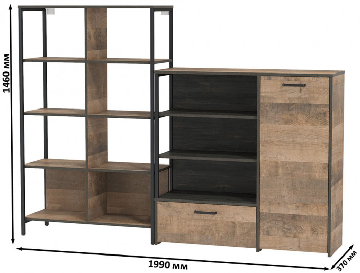 Трувор 13.151.02 Стеллаж + 13.307.01 Комод, цвет дуб гранж песочный/интра, ШхГхВ 199х37х146 см., универсальная сборка