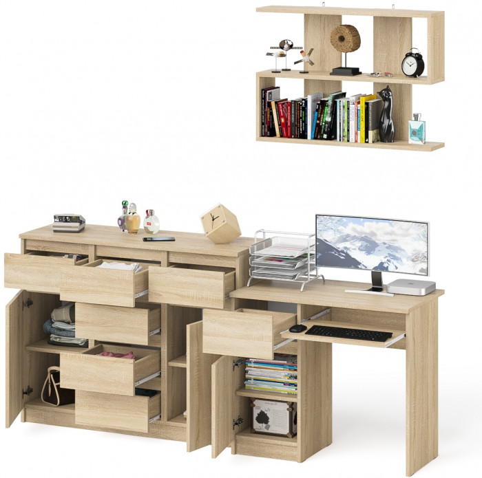 Мори Стол компьютерный МС-1 левый + Комод МК1200.4 + Полка 900, цвет дуб сонома, ШхГхВ 210,4х50х209,6 см., НЕ универсальная сборка