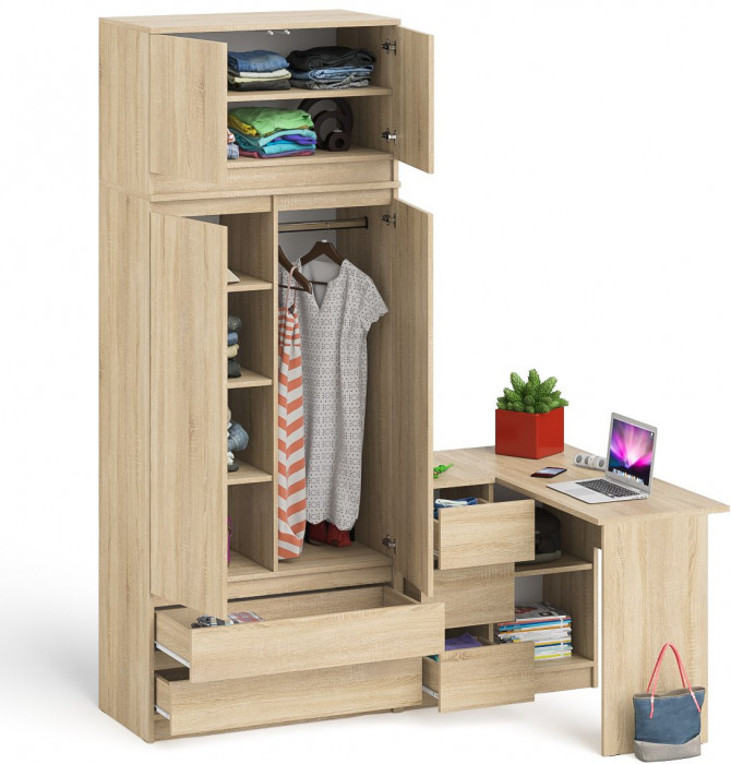 Мори Стол компьютерный МС-16 левый + Шкаф МШ900.1 + Антресоль МА900.1, цвет дуб сонома, ШхГхВ 214,8х84,9х234,2 см., выдвиж. ящики слева, НЕ ун. сб.