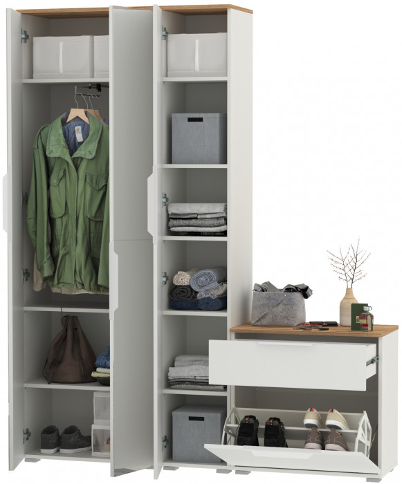 Октава Прихожая 21, белый шагрень/дуб крафт золотой/фасады МДФ белый шагрень