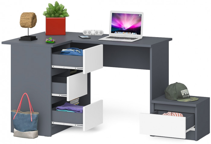 Мори компьютерный стол МС-16 левый + Тумба ТМП400.1, графит/белый