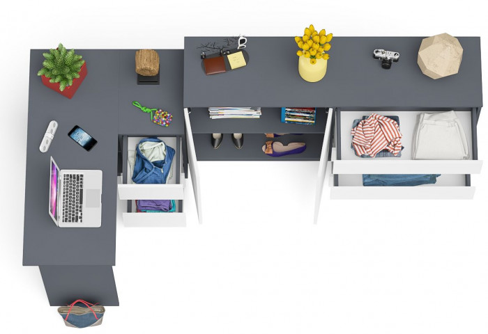 Мори компьютерный стол МС-16 правый + Комод МК1600.1, графит/белый