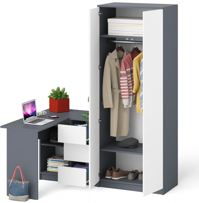 Мори компьютерный стол МС-16 правый + Шкаф МШ800.1, графит/белый