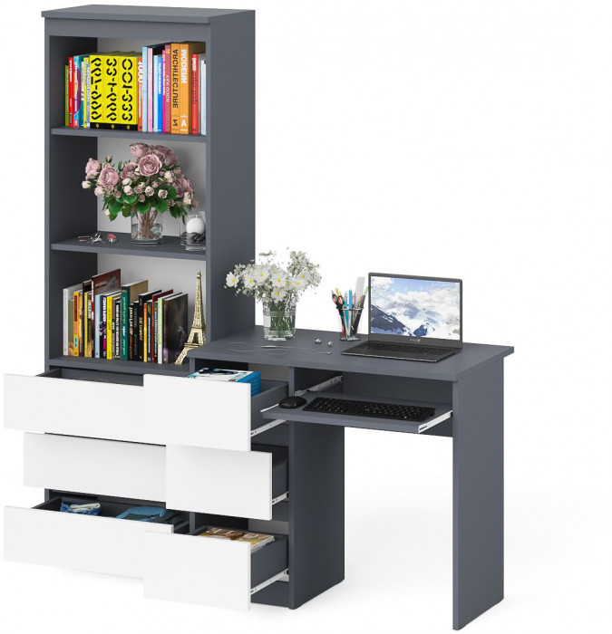 Мори компьютерный стол МС-6 левый + Стеллаж МСТ600.3, графит/белый