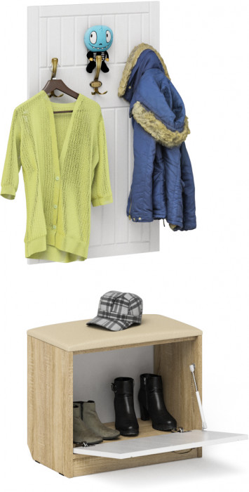 Прихожая П-6 Тумба + Вешалка, цвет дуб сонома/фасады МДФ белое дерево фрезеровка прованс, ШхГхВ 60х35х200 см.