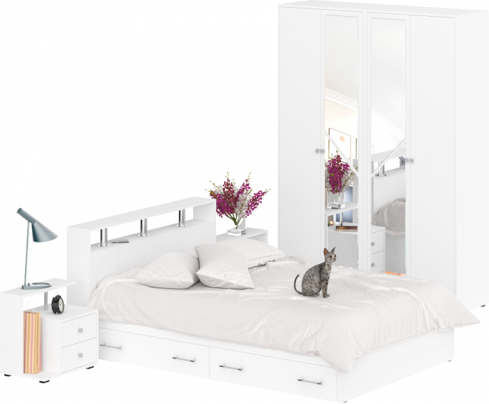 Камелия спальня № 8 Кровать с ящиками 1400 + Две тумбы + Шкаф 4-х створчатый, цвет белый, сп.м. 1400х2000 мм., б/м, основание есть
