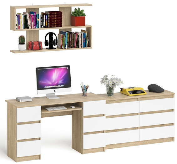 Мори компьютерный стол МС-2 + Комод МК1200.6 + Полка 1200, дуб сонома/белый