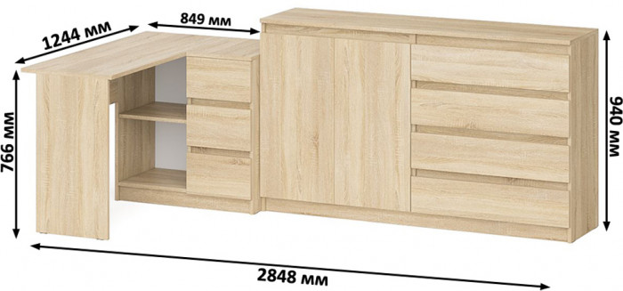Мори компьютерный стол МС-16 правый + Комод МК1600.1, дуб сонома