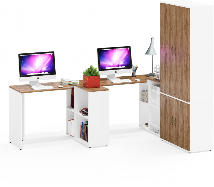 Лидер-8 Стол + Стол + Шкаф МД 20Б, цвет белый шагрень/крафт золото, ШхГхВ 410х50/37,5х75/190 или 230х160/50х75/190 см., НЕ универсальная сборка