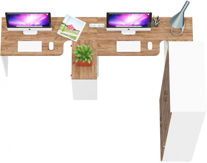 Лидер-8 Стол + Стол + Шкаф МД 20Б, цвет белый шагрень/крафт золото, ШхГхВ 410х50/37,5х75/190 или 230х160/50х75/190 см., НЕ универсальная сборка