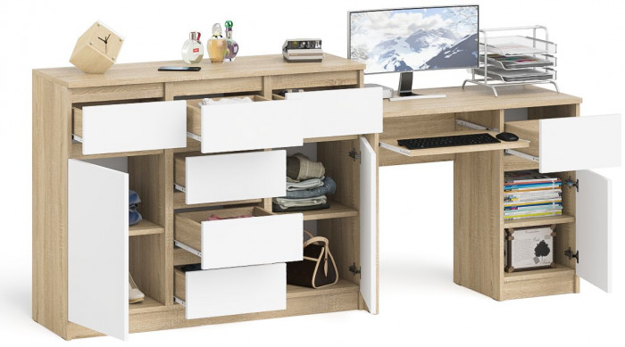 Мори Стол компьютерный МС-1 правый + Комод МК1200.4, цвет дуб сонома/белый, ШхГхВ 210,4х50х94 см., выдвижной ящик справа, НЕ универсальная сборка