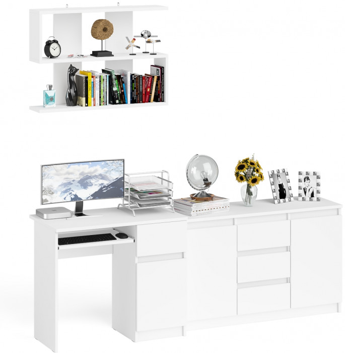 Мори Стол компьютерный МС-1 правый + Комод МК1200.3 + Полка 900, цвет белый, ШхГхВ 210,4х50х209,6 см., НЕ универсальная сборка