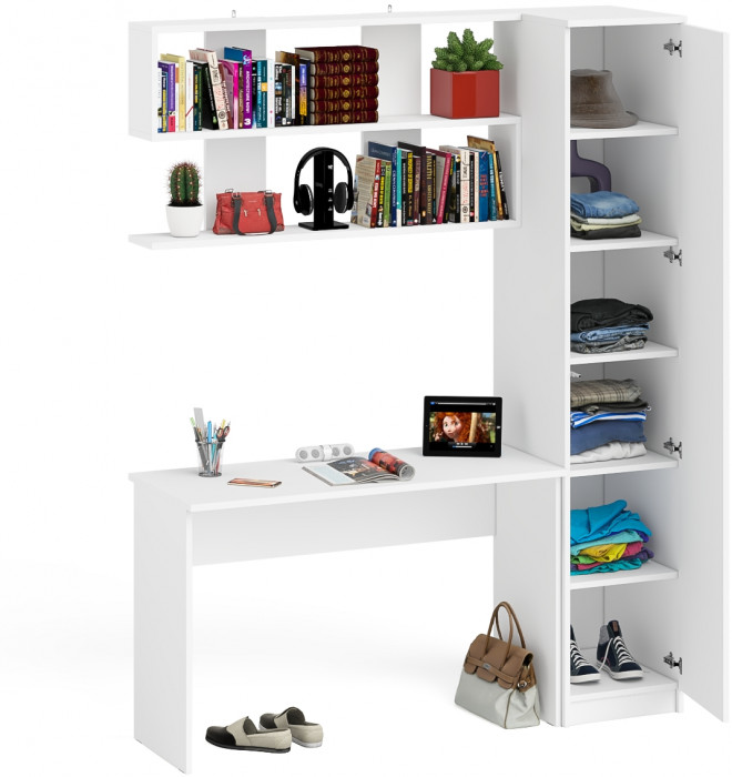 Мори Стол письменный МСП1200.1 + Пенал МШ400.1 + Полка 1200, цвет белый, ШхГхВ 160,8х50,4х209,6 см., универсальная сборка