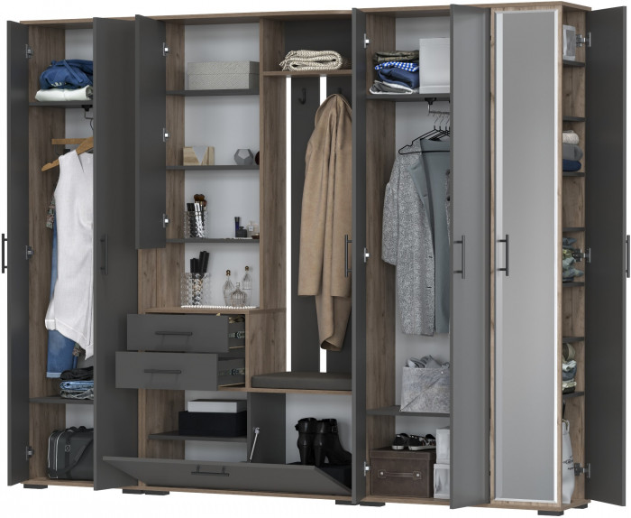 Прихожая Домино 6, цвет дуб крафт табачный/графит, ШхГхВ 248х36х202 см., универсальная сборка