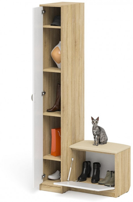 Прихожая П-6 Компоновка № 39, цвет дуб сонома/фасады МДФ белое дерево фрезеровка прованс, ШхГхВ 90х50х210 см., универсальная сборка