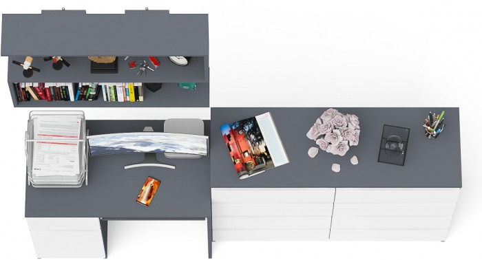 Мори компьютерный стол МС-1 левый + Комод МК1200.8 + Полка 900, графит/белый