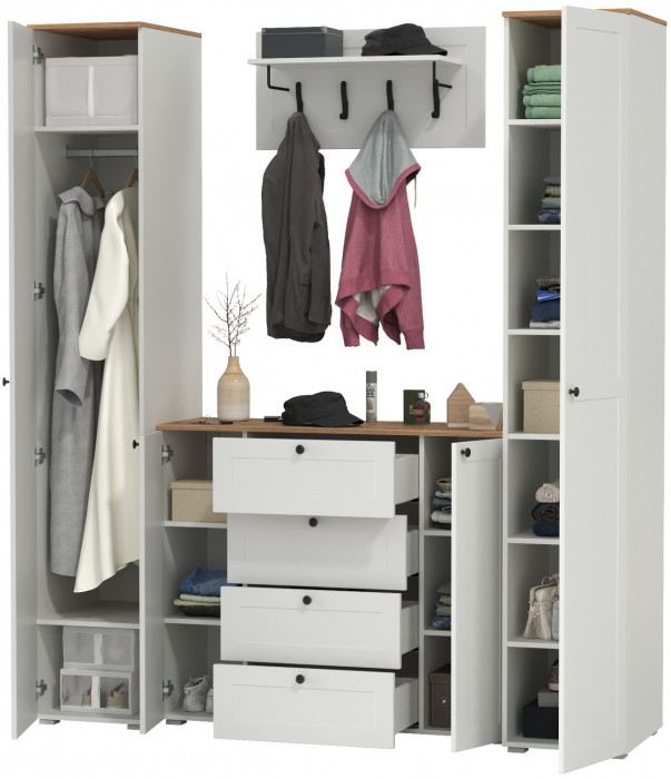 Остин Прихожая 33, цвет белый шагрень/дуб крафт золотой, ШхГхВ 200х54,3х229,6 см., универсальная сборка