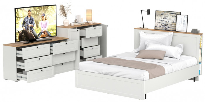 Остин 11.53 Кровать + ортопед + 16.240 Комод + 16.221 Комод, белый шагрень/дуб крафт золотой