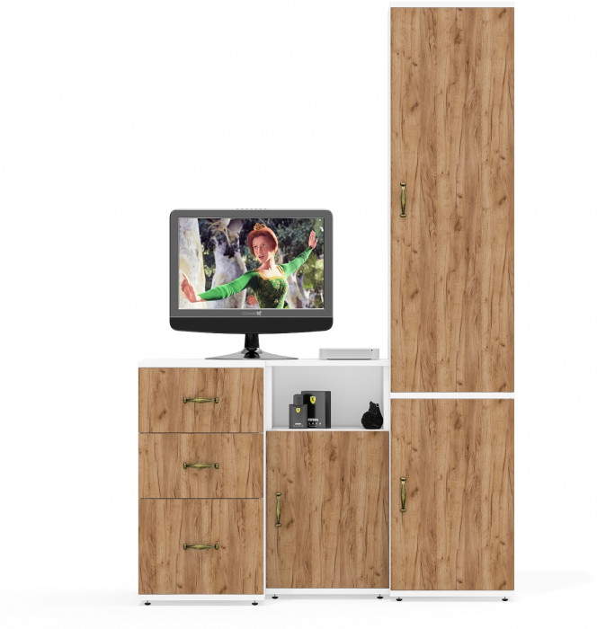 Лидер-8 Пенал МД 22Б + Тумба МД 3.16 + Тумба МД 3.19, цвет белый шагрень/крафт золото, ШхГхВ 120х50х190 см., универсальная сборка