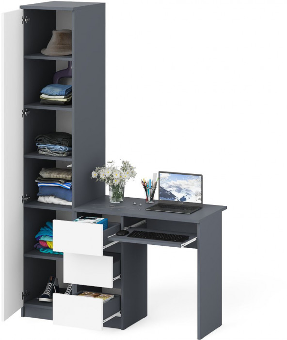 Мори Стол компьютерный МС-6 левый + Пенал МШ400.1, цвет графит/белый, ШхГхВ 130,4х50,4х209,6 см., выдвижные ящики слева, НЕ универсальная сборка
