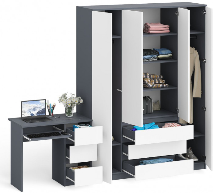 Мори Стол компьютерный МС-6 правый + Шкаф МШ1600.1, цвет графит/белый, ШхГхВ 250,4х50,4х209,6 см., выдвижные ящики справа, НЕ универсальная сборка