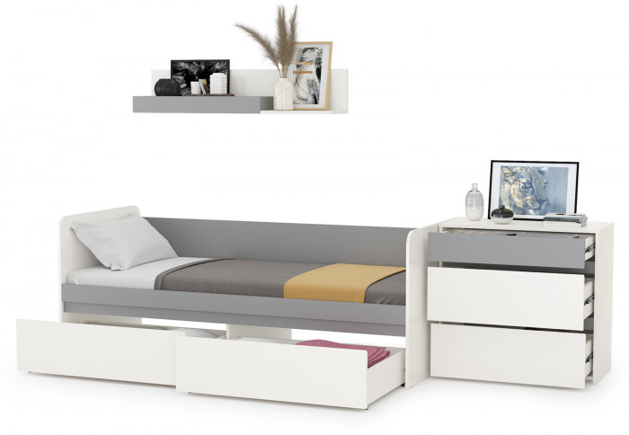 Торонто 11.39 Кровать + 16.475 Полка + 13.321 Комод, белый шагрень/стальной серый