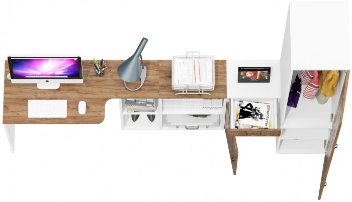 Лидер-8 Стол + Тумба МД 3.15 + Пенал МД 23Б, цвет белый шагрень/крафт золото, ШхГхВ 245х50/37,5х75/190 или 115х160/50х75/190 см., НЕ ун. сборка