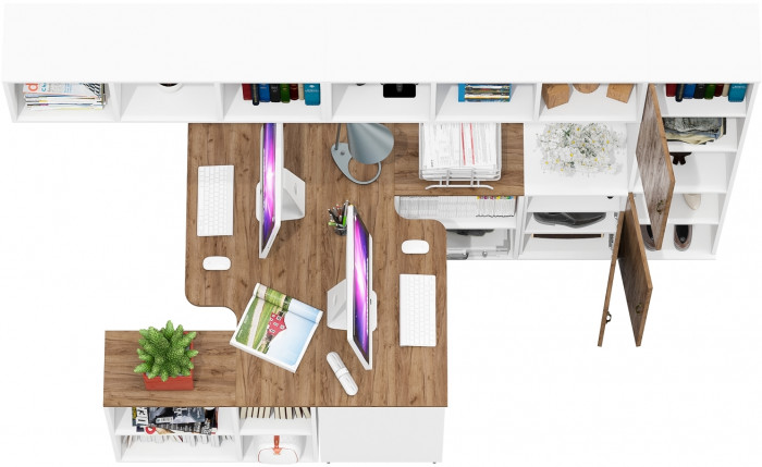 Лидер-8 Стол + Полка + Стол + Полка + Пенал + Тумба МД 3.19, цвет белый шагрень/крафт золото, 410х50/30х75/190 или 230х50/160х75/190 см., НЕ ун. сб.