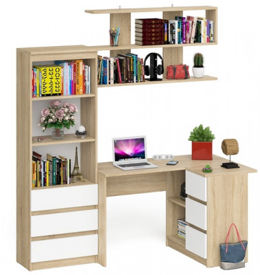 Мори компьютерный стол МС-16 правый + Стеллаж МСТ600.3 + Полка 1200, дуб сонома/белый