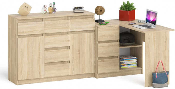 Мори Стол компьютерный МС-16 левый + Комод МК1200.4, цвет дуб сонома, ШхГхВ 244,8х84,9х94 см., выдвижные ящики слева, НЕ универсальная сборка