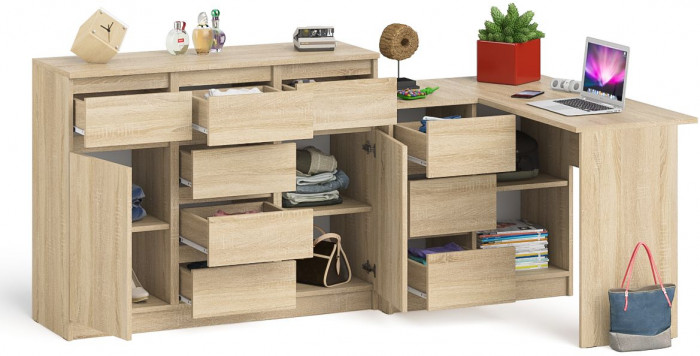 Мори Стол компьютерный МС-16 левый + Комод МК1200.4, цвет дуб сонома, ШхГхВ 244,8х84,9х94 см., выдвижные ящики слева, НЕ универсальная сборка